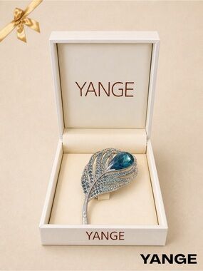 Yange Crystal Feather Brooch Pin Glittery Teal Bridal